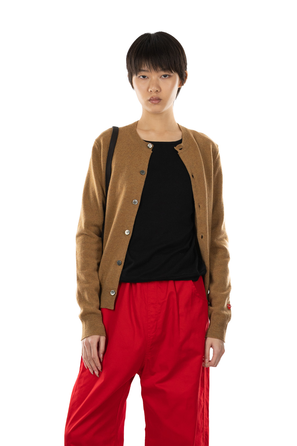 Comme Des Garcons Play - Round Neck Knit with Small Red Emblem - Camel