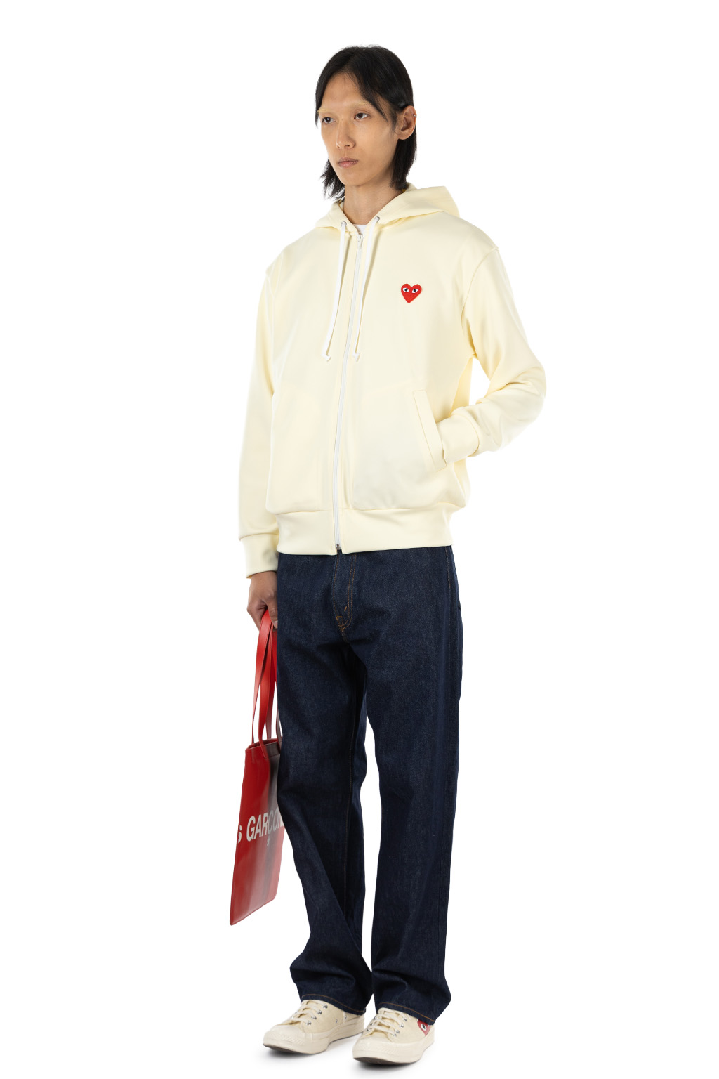 Comme Des Garcons Play - Unisex's Red Heart Zip Hoodie - Ivory