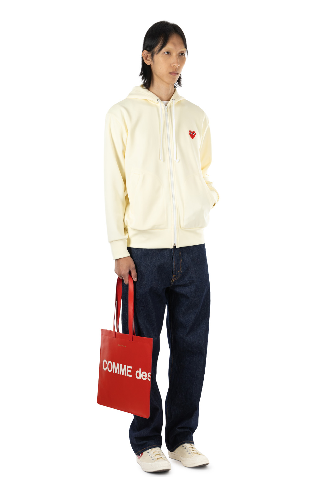 Comme Des Garcons Play - Unisex's Red Heart Zip Hoodie - Ivory