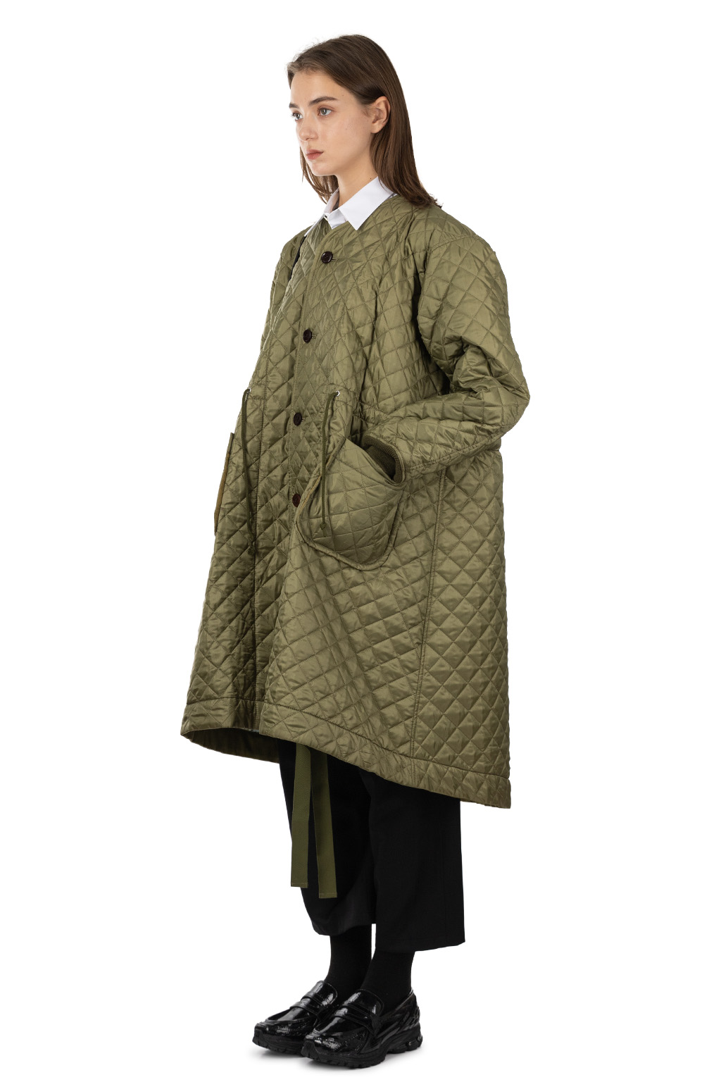 Comme Des Garcons Comme Des Garcons  - Long V-Neck Diamond Pattern Quilt Coat - Khaki