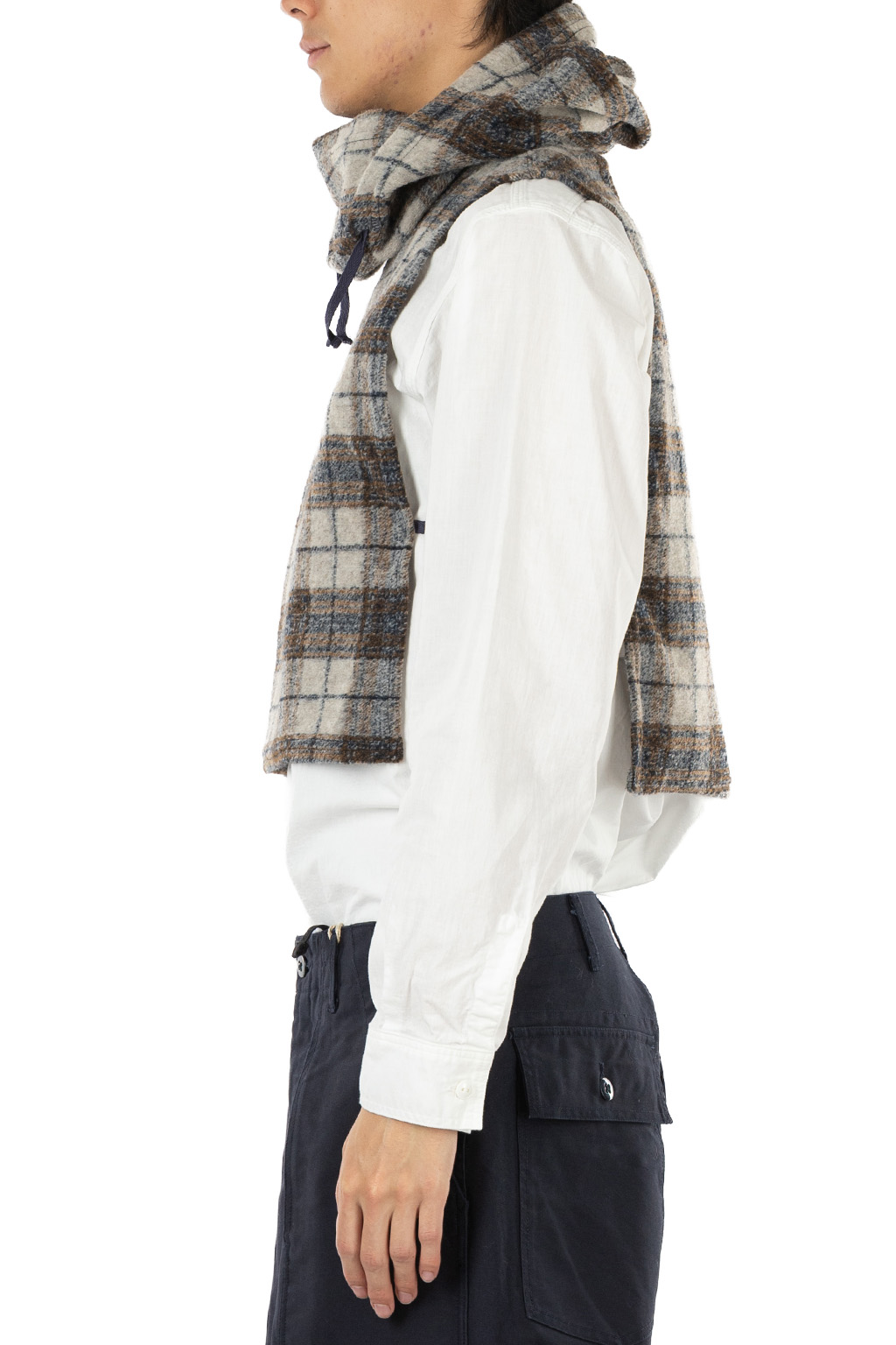 Engineered Garments - Hooded Interliner - Khaki Navy Poly Wool Knit Plaid