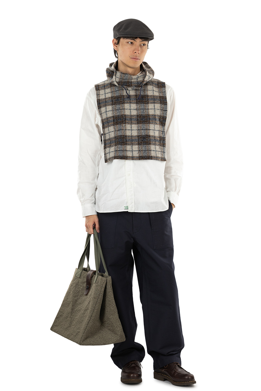 Engineered Garments - Hooded Interliner - Khaki Navy Poly Wool Knit Plaid