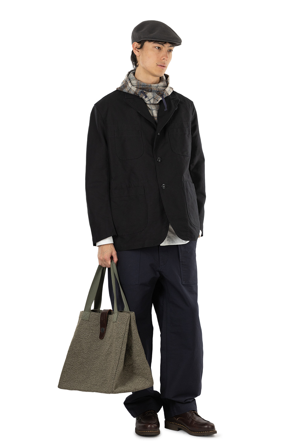 Engineered Garments - Hooded Interliner - Khaki Navy Poly Wool Knit Plaid