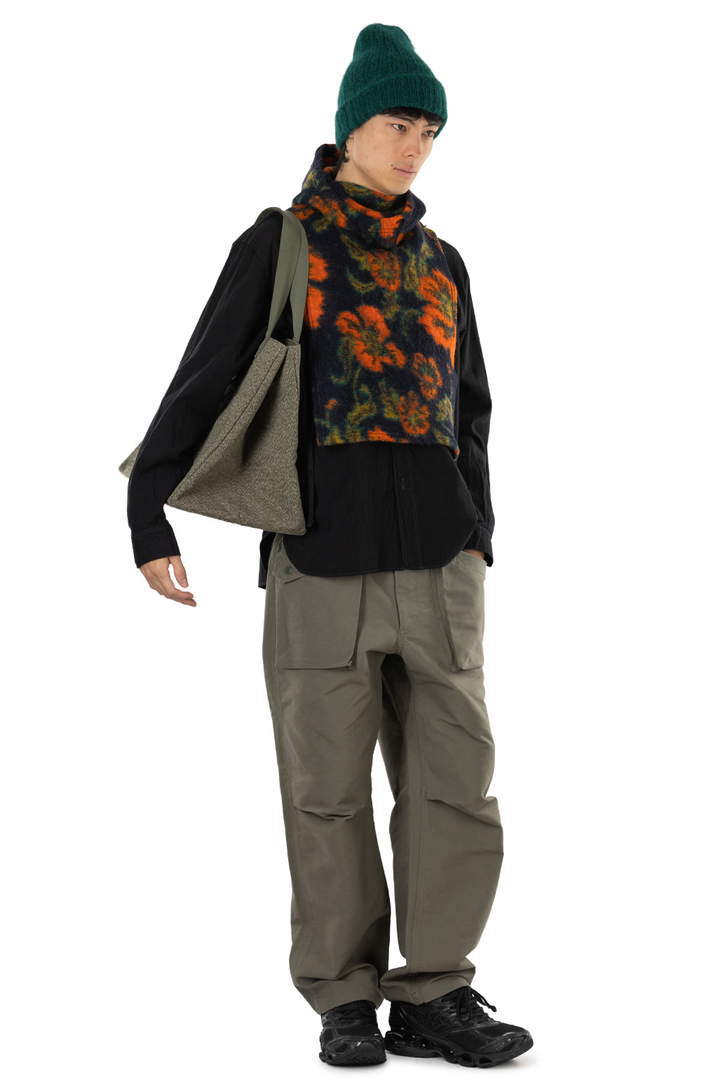 Engineered Garments - Hooded Interliner - Navy Orange Floral Knit Jacquard