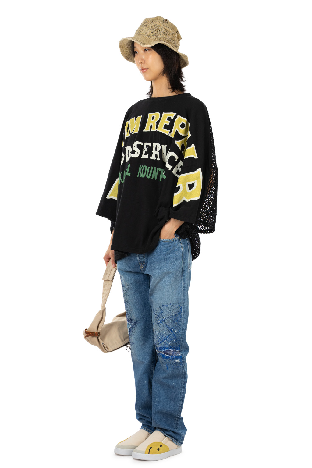 Kapital - 20/-Jersey KATABIRA HUGE-T (DENIM REPAIR) - Black
