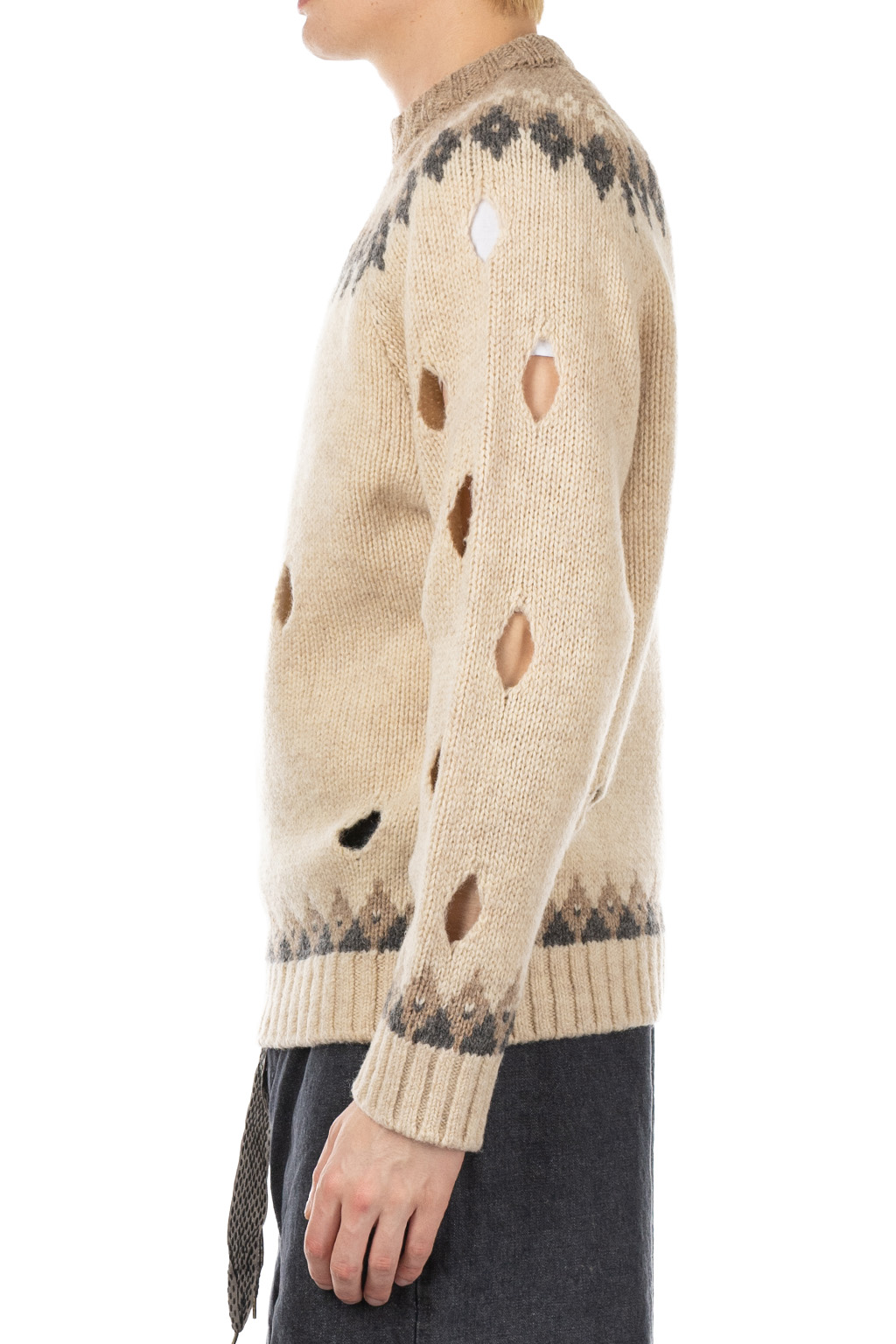 Kapital 3G Wool NORDIC Hole Punch Raglan Crew Sweater - Natural