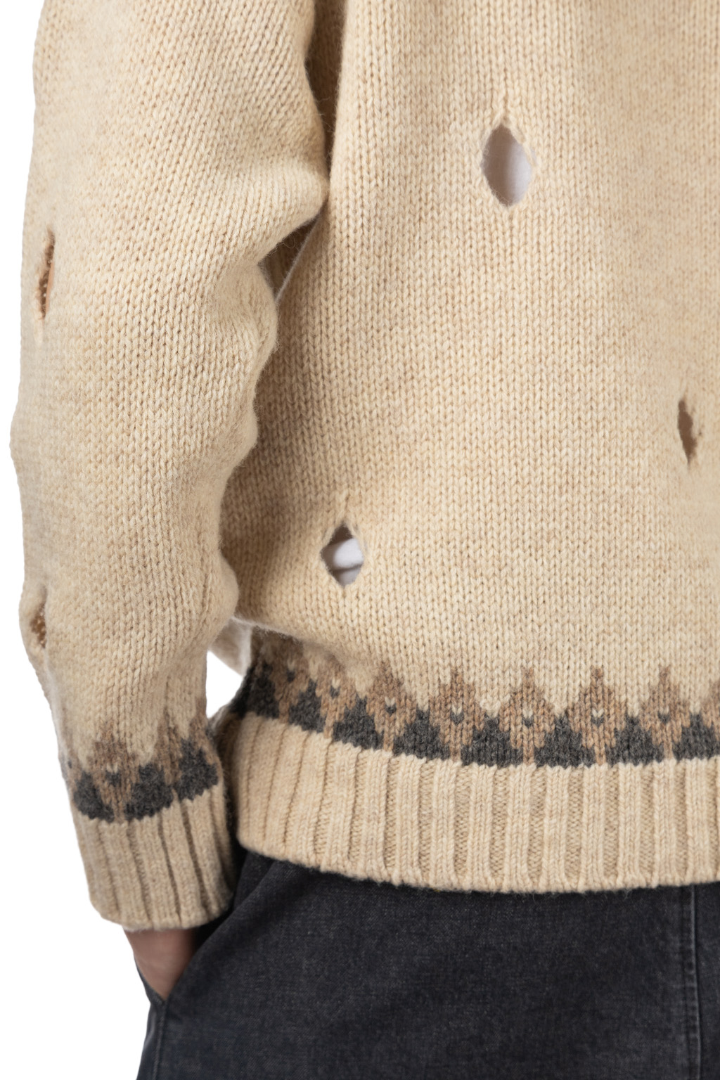 Kapital 3G Wool NORDIC Hole Punch Raglan Crew Sweater - Natural