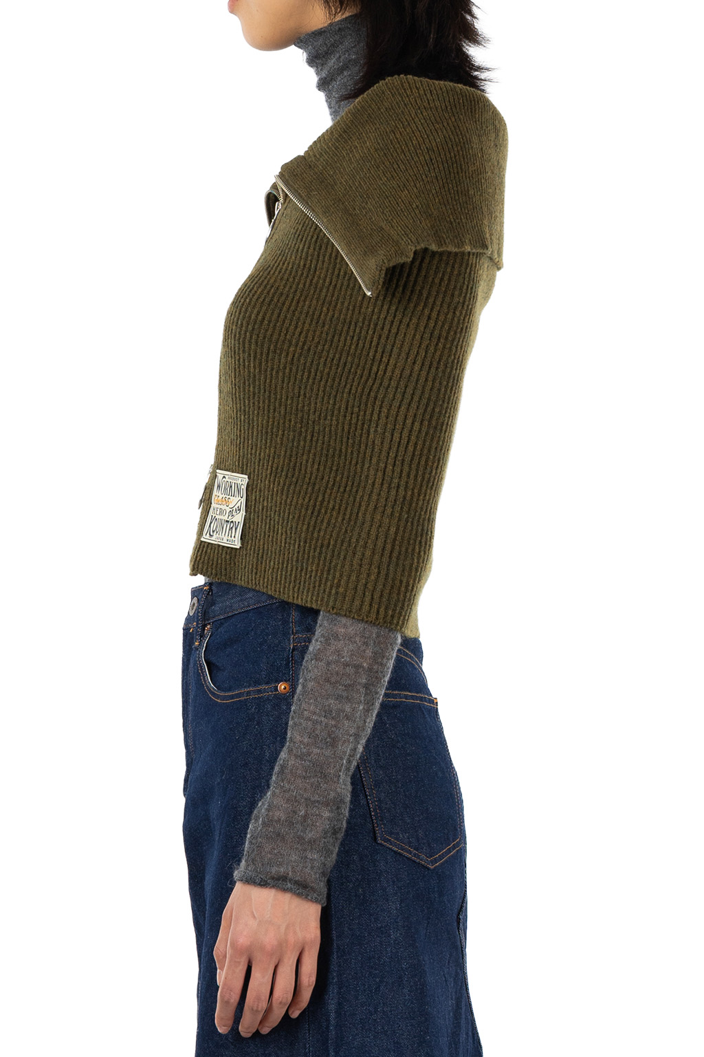 Kapital - 7G Rib Knit ZIP UP Cape - Khaki
