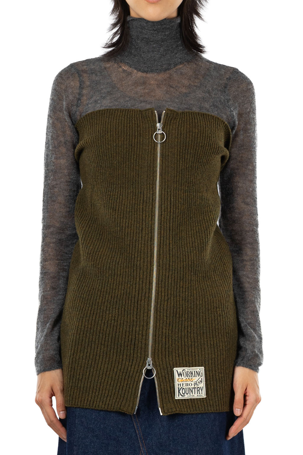 Kapital - 7G Rib Knit ZIP UP Cape - Khaki