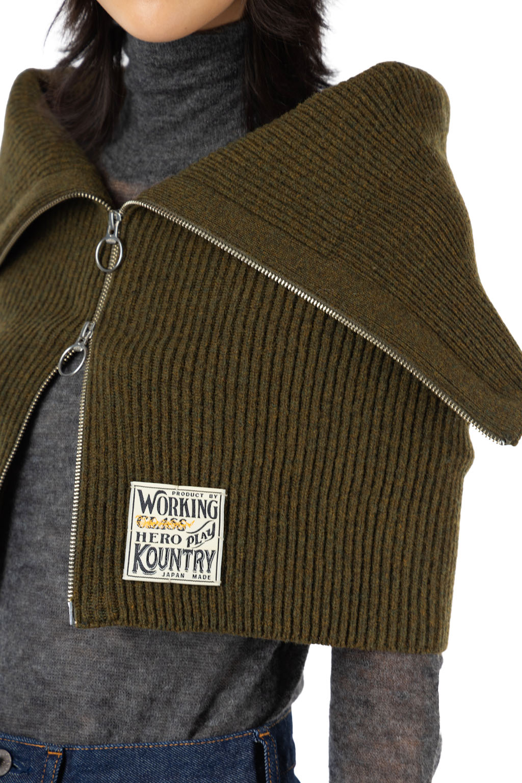 Kapital - 7G Rib Knit ZIP UP Cape - Khaki