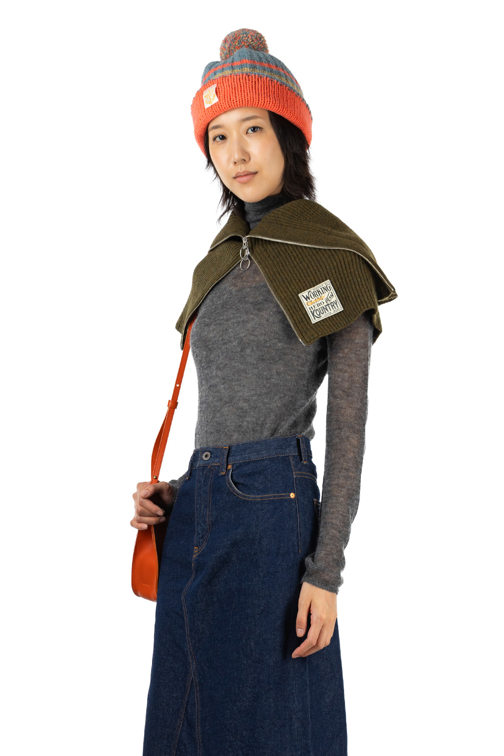 Kapital - 7G Rib Knit ZIP UP Cape - Khaki