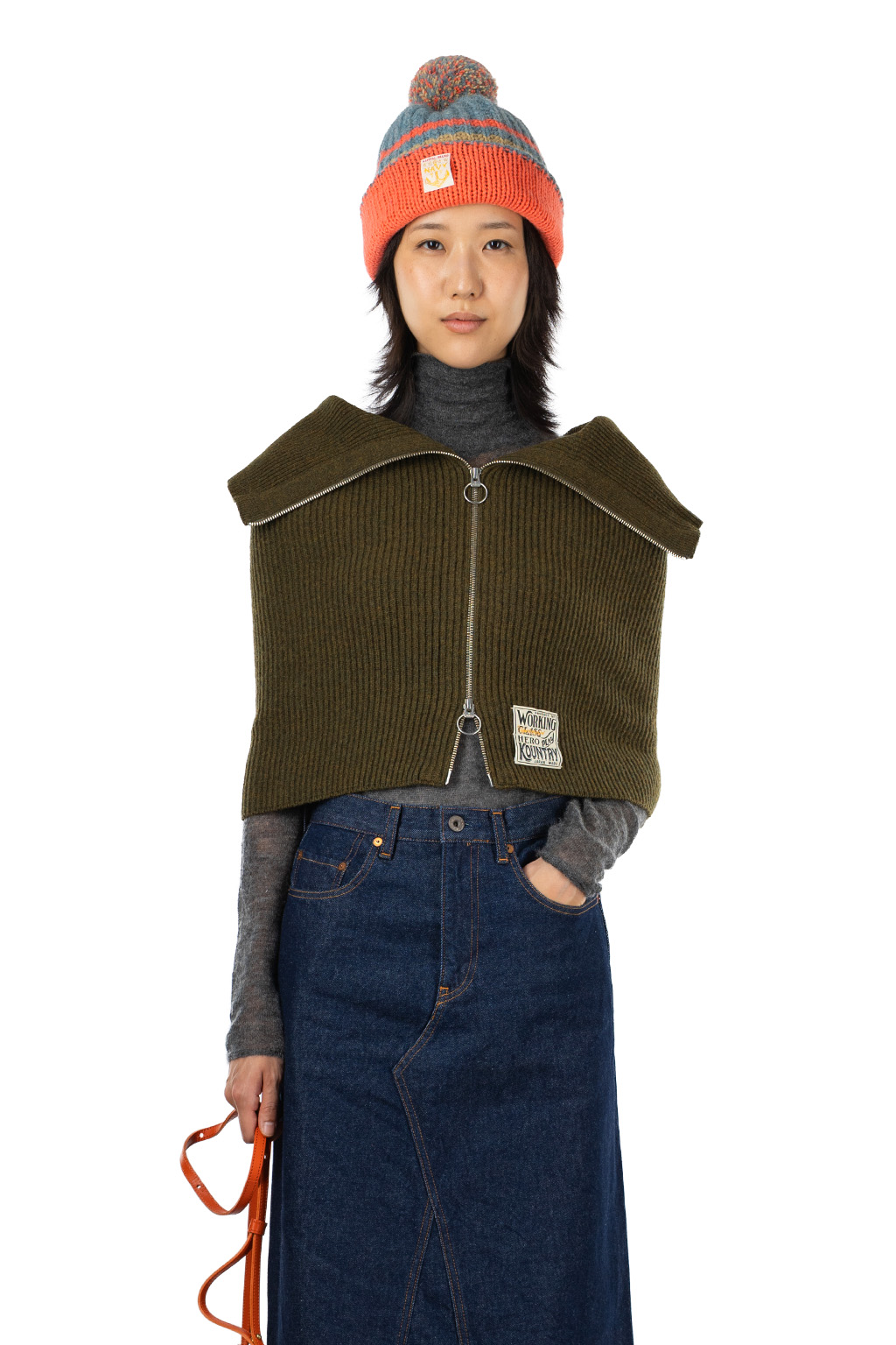 Kapital - 7G Rib Knit ZIP UP Cape - Khaki