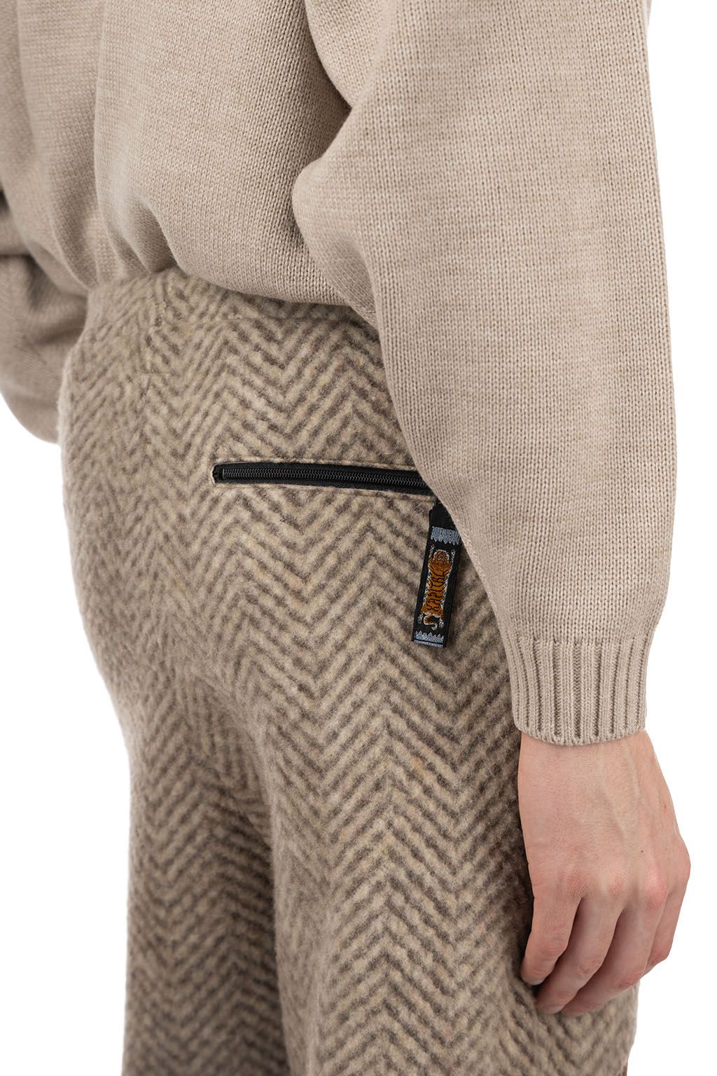 Kapital Herringbone Heavy Fleece Easy Tapered Pants - Beige x Khaki