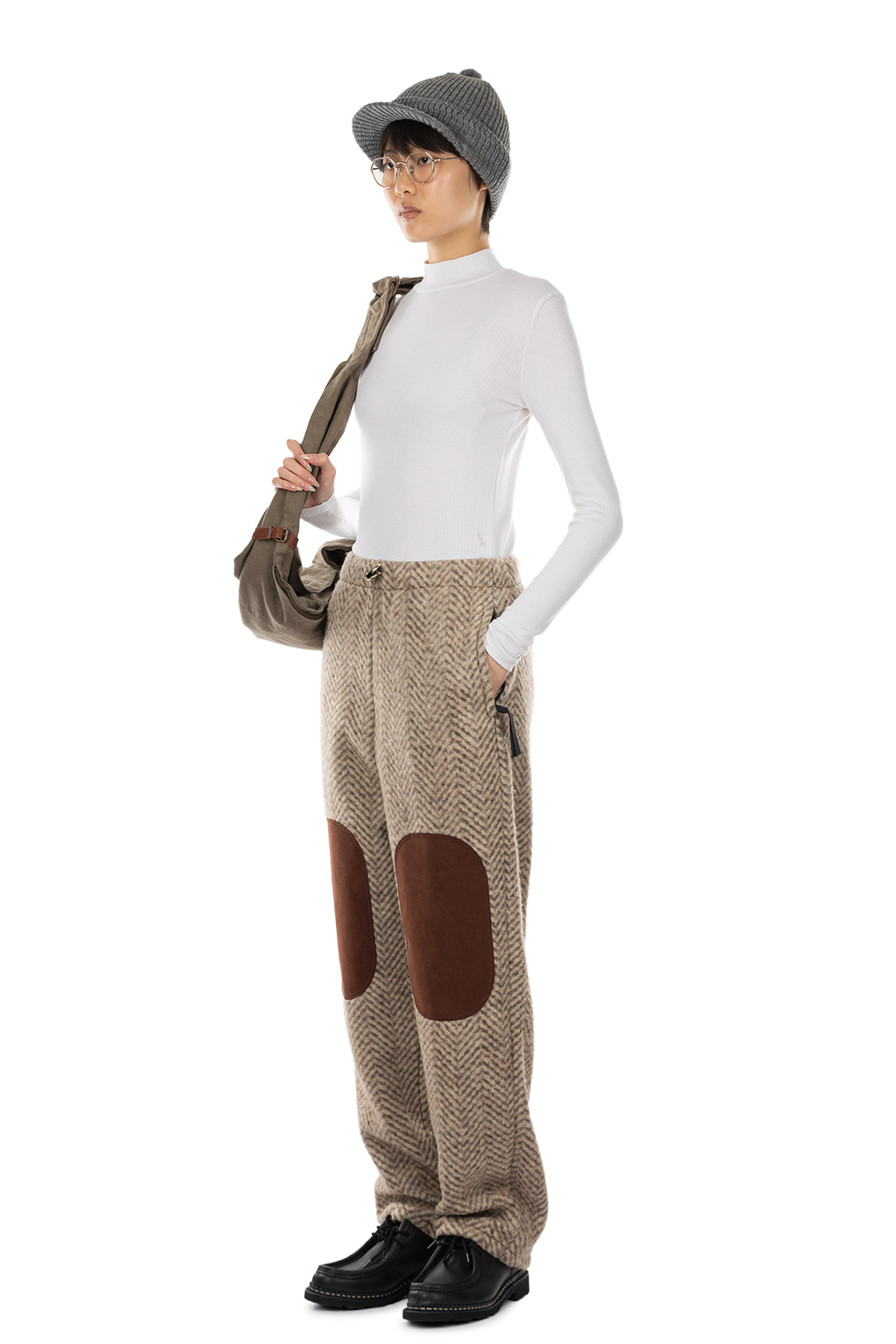 Kapital Herringbone Heavy Fleece Easy Tapered Pants - Beige x Khaki