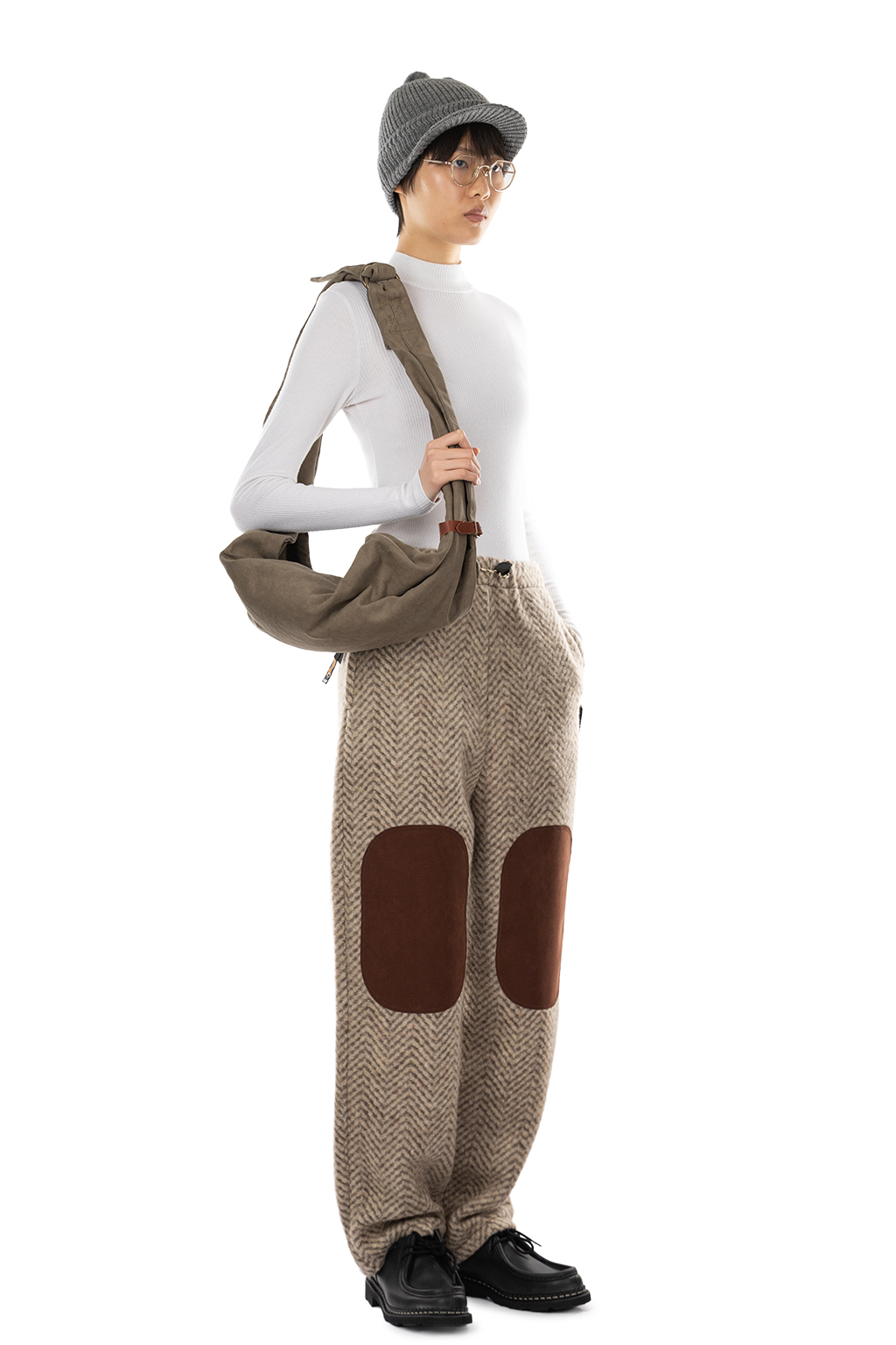 Kapital Herringbone Heavy Fleece Easy Tapered Pants - Beige x Khaki