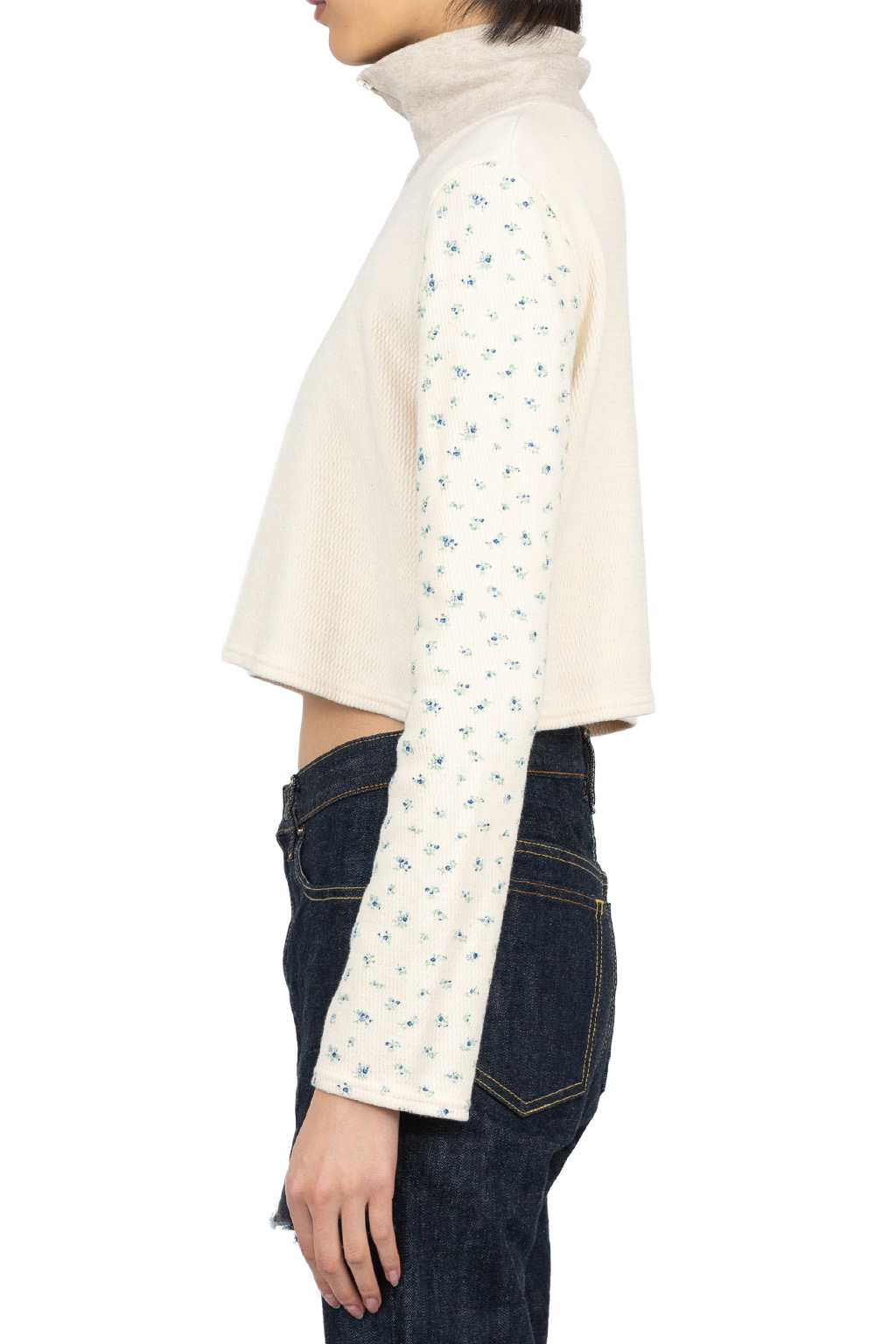 Kapital - Waffle Jersey Carico 2TONES Half-ZIP Cropped LS Tee - Blue