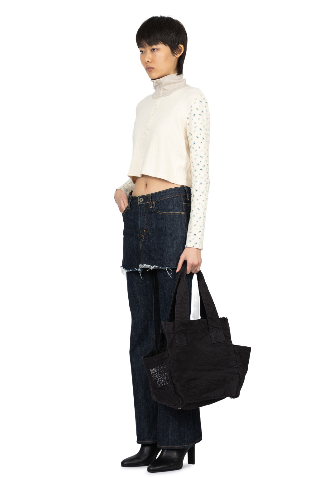 Kapital - Waffle Jersey Carico 2TONES Half-ZIP Cropped LS Tee - Blue