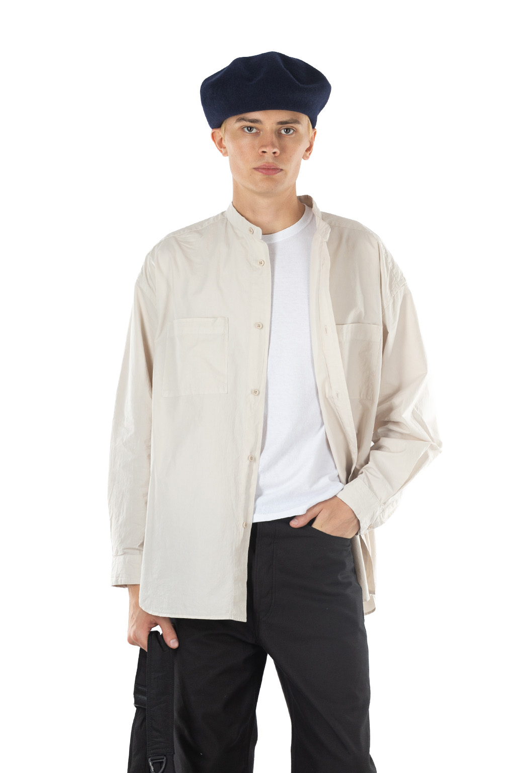 Still by hand - Garment-dye band collar shirt - Ecru