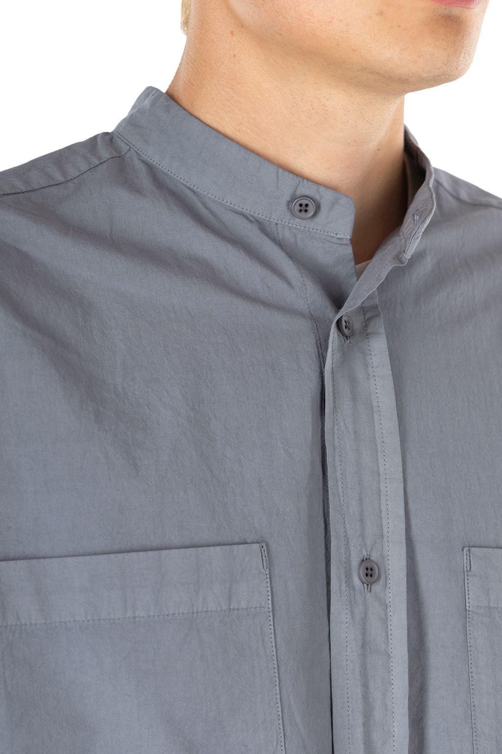 Still by hand - Garment-dye band collar shirt - Slate Grey