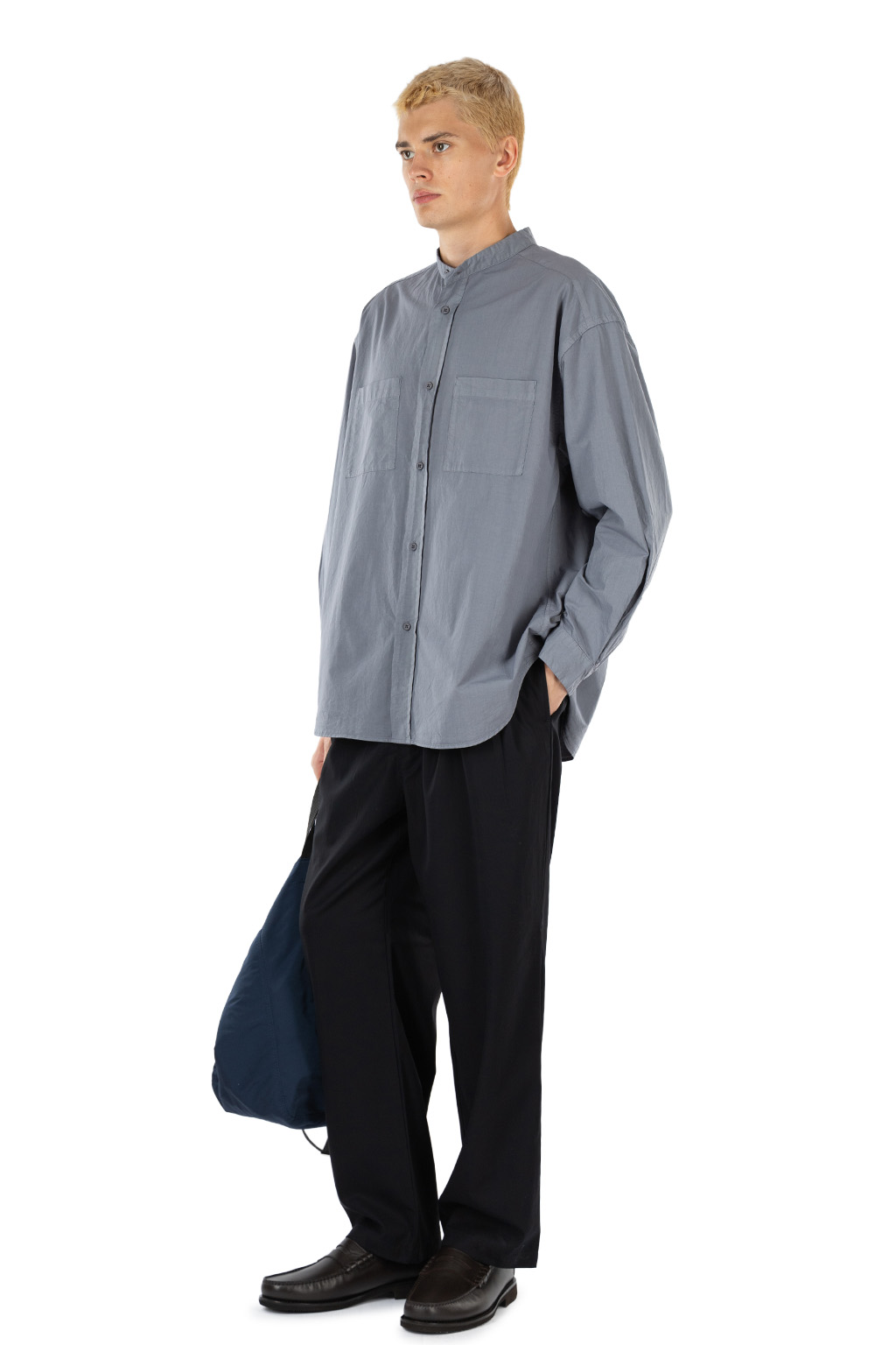 Still by hand - Garment-dye band collar shirt - Slate Grey