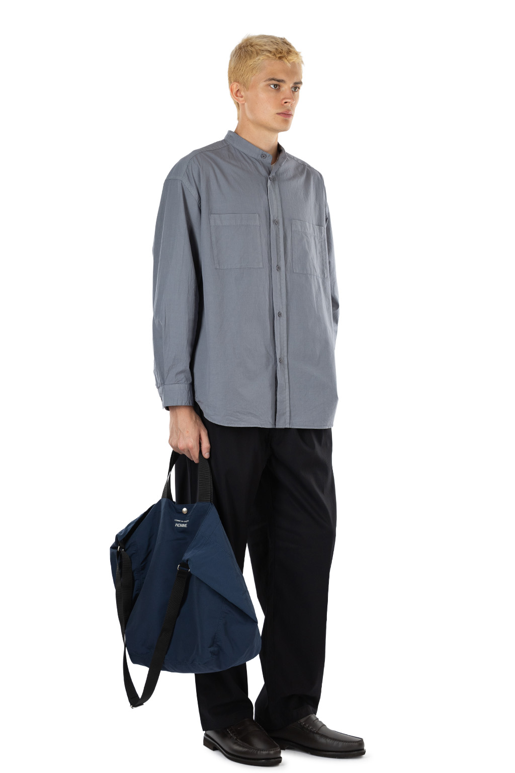 Still by hand - Garment-dye band collar shirt - Slate Grey