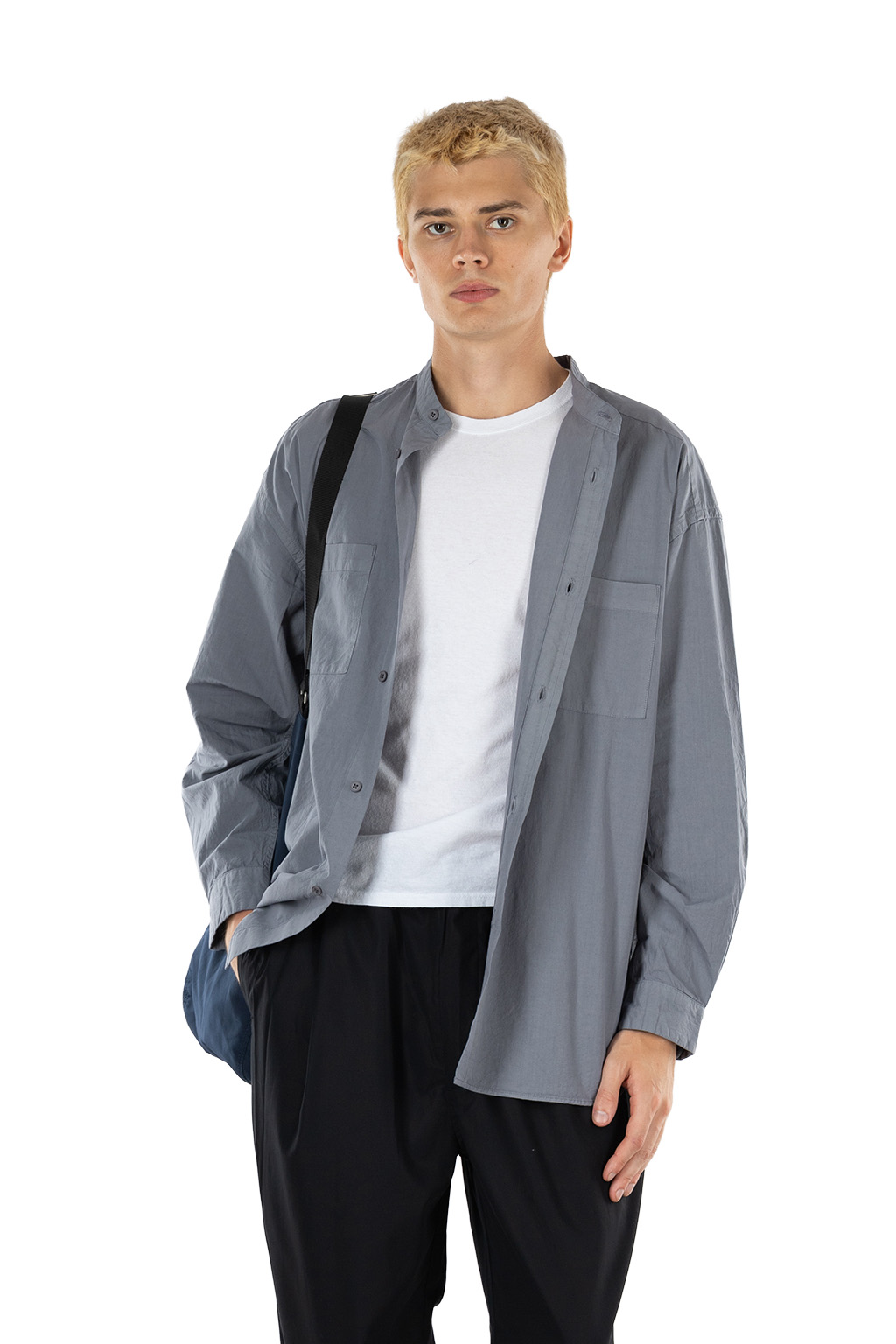 Still by hand - Garment-dye band collar shirt - Slate Grey