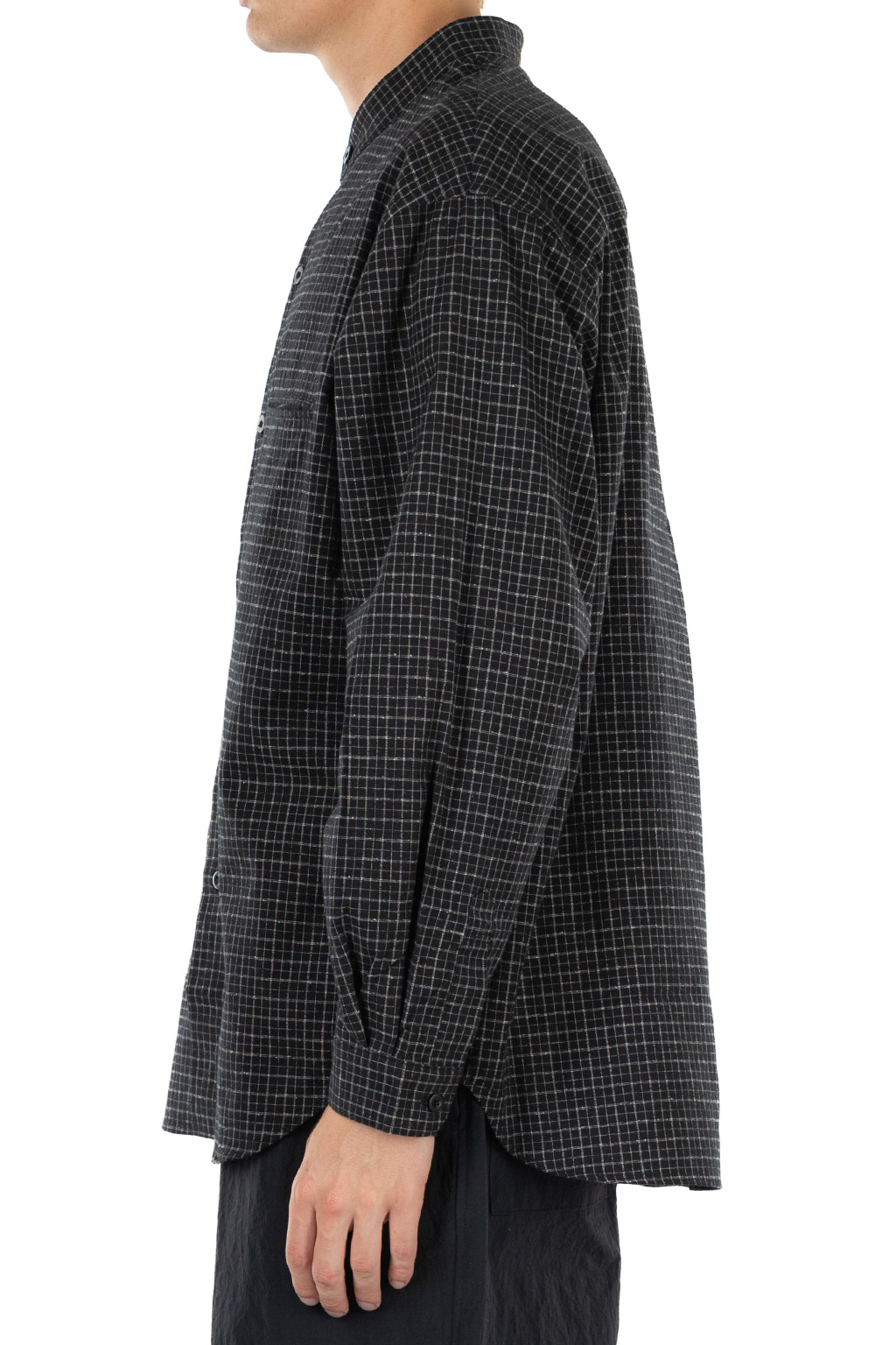 Still by hand - Silk Nep Band Collar Shirt - Black Check