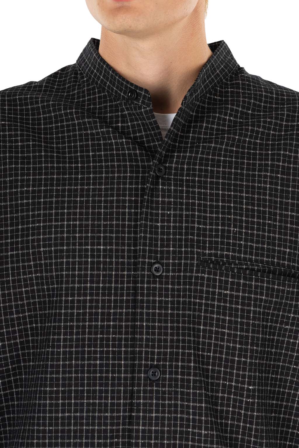 Still by hand - Silk Nep Band Collar Shirt - Black Check