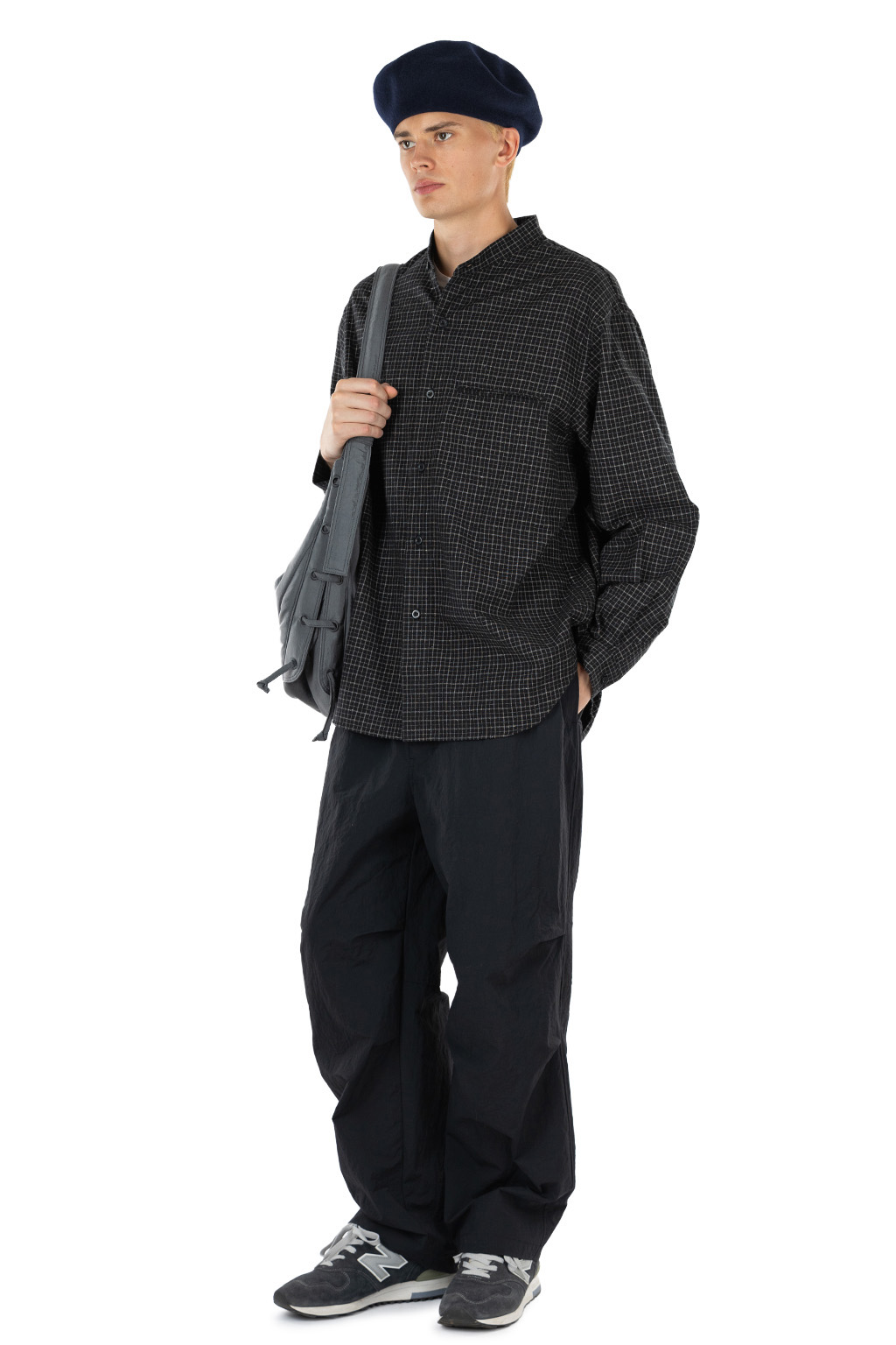 Still by hand - Silk Nep Band Collar Shirt - Black Check