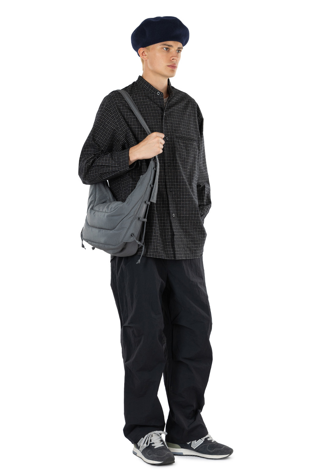 Still by hand - Silk Nep Band Collar Shirt - Black Check