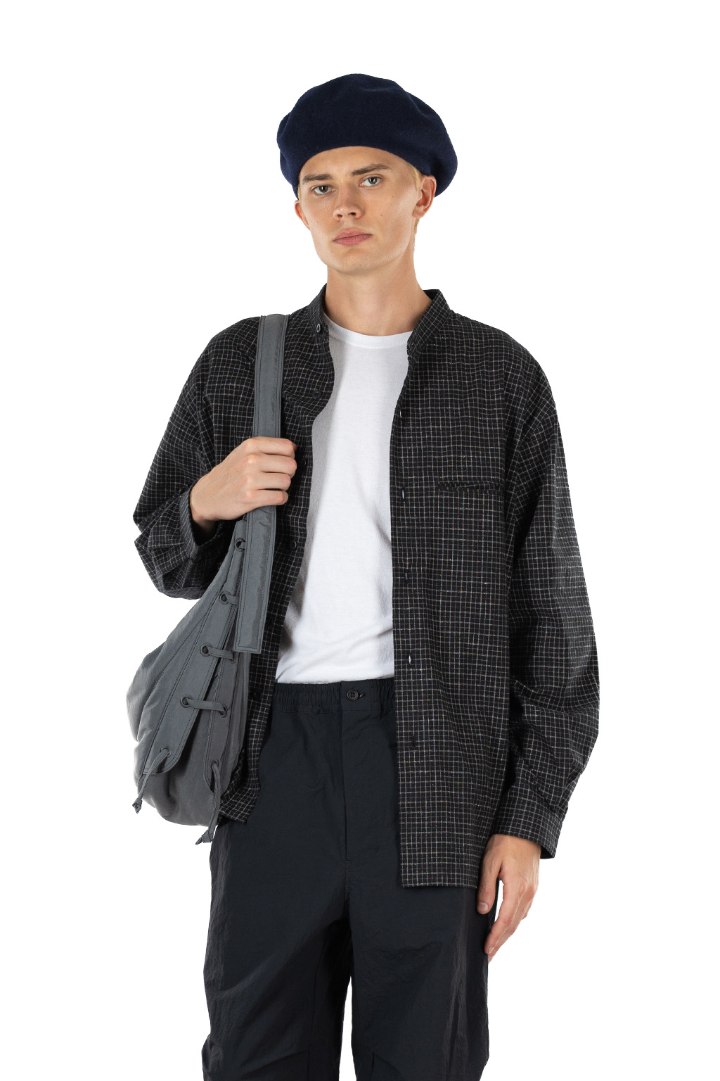 Still by hand - Silk Nep Band Collar Shirt - Black Check