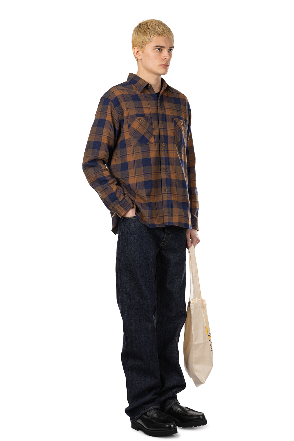 Sugar Cane - Twill Check LS Work Shirt - Brown