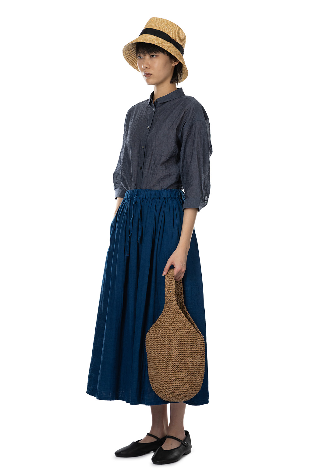 Tigre Brocante - Thin Line Drawstring Many Gathered Maxi Skirt - Indigo