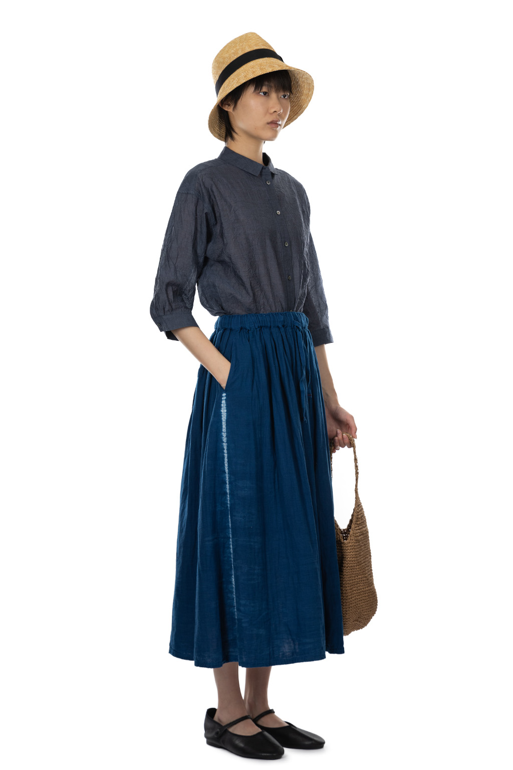 Tigre Brocante - Thin Line Drawstring Many Gathered Maxi Skirt - Indigo