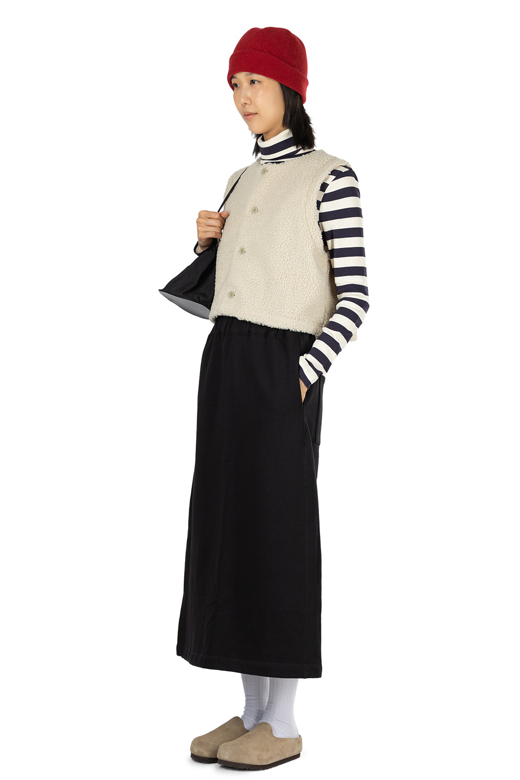harmonie - Brushed Fleece-Lined Back Slit Long Skirt - Black