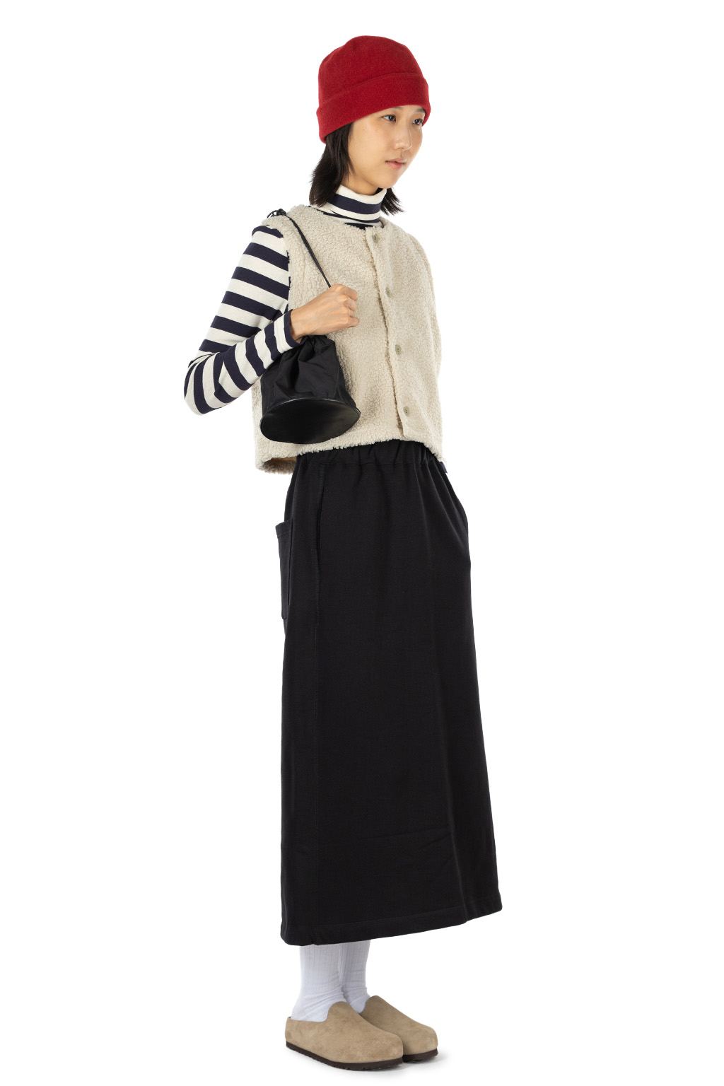 harmonie - Brushed Fleece-Lined Back Slit Long Skirt - Black