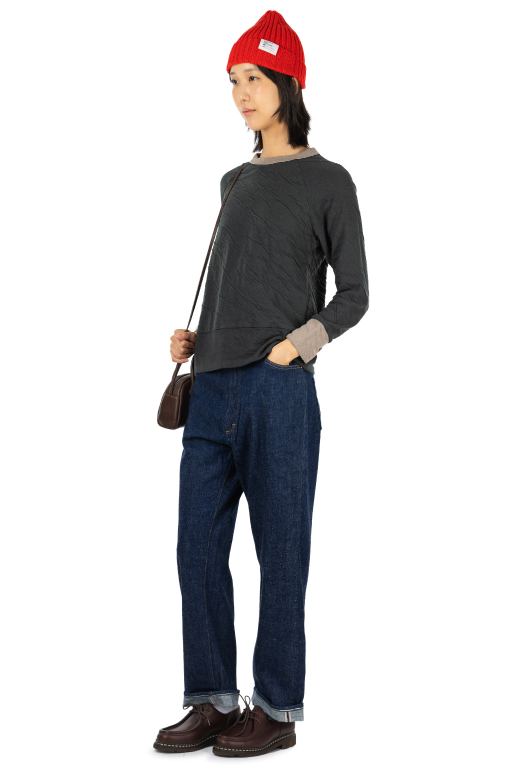 harmonie - Fluffy Double-Knit Bi-Color Raglan Pullover - Charcoal Mocha