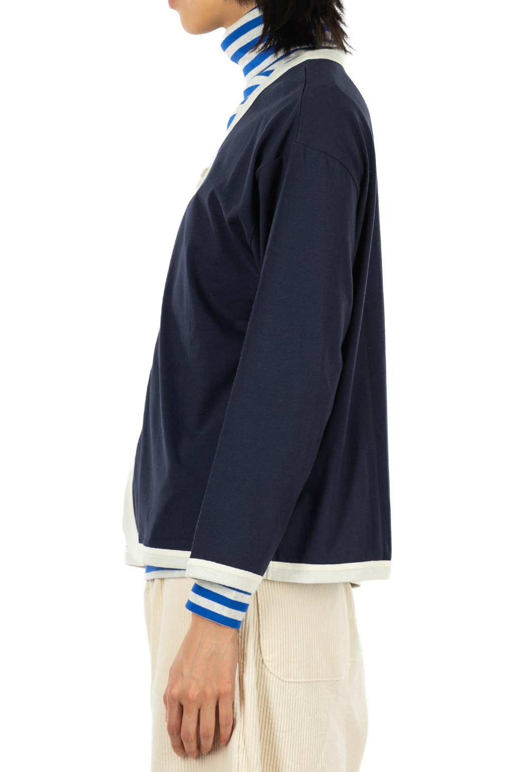 harmonie - Jersey Drop Shoulder V-Neck Cardigan - Navy Natural