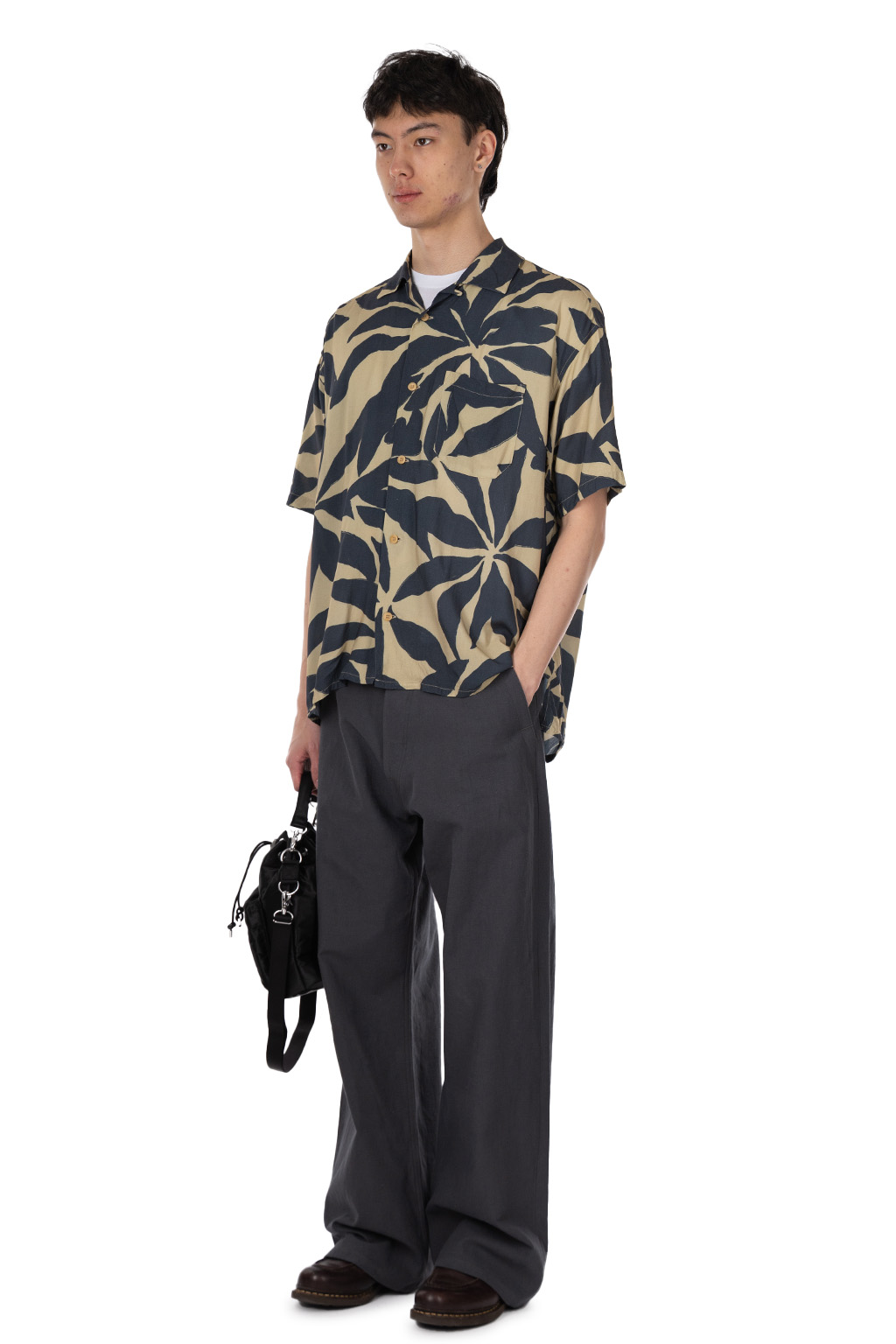 ts(s) - Open Collar Short Sleeve Shirt - Leaf Print - Navy